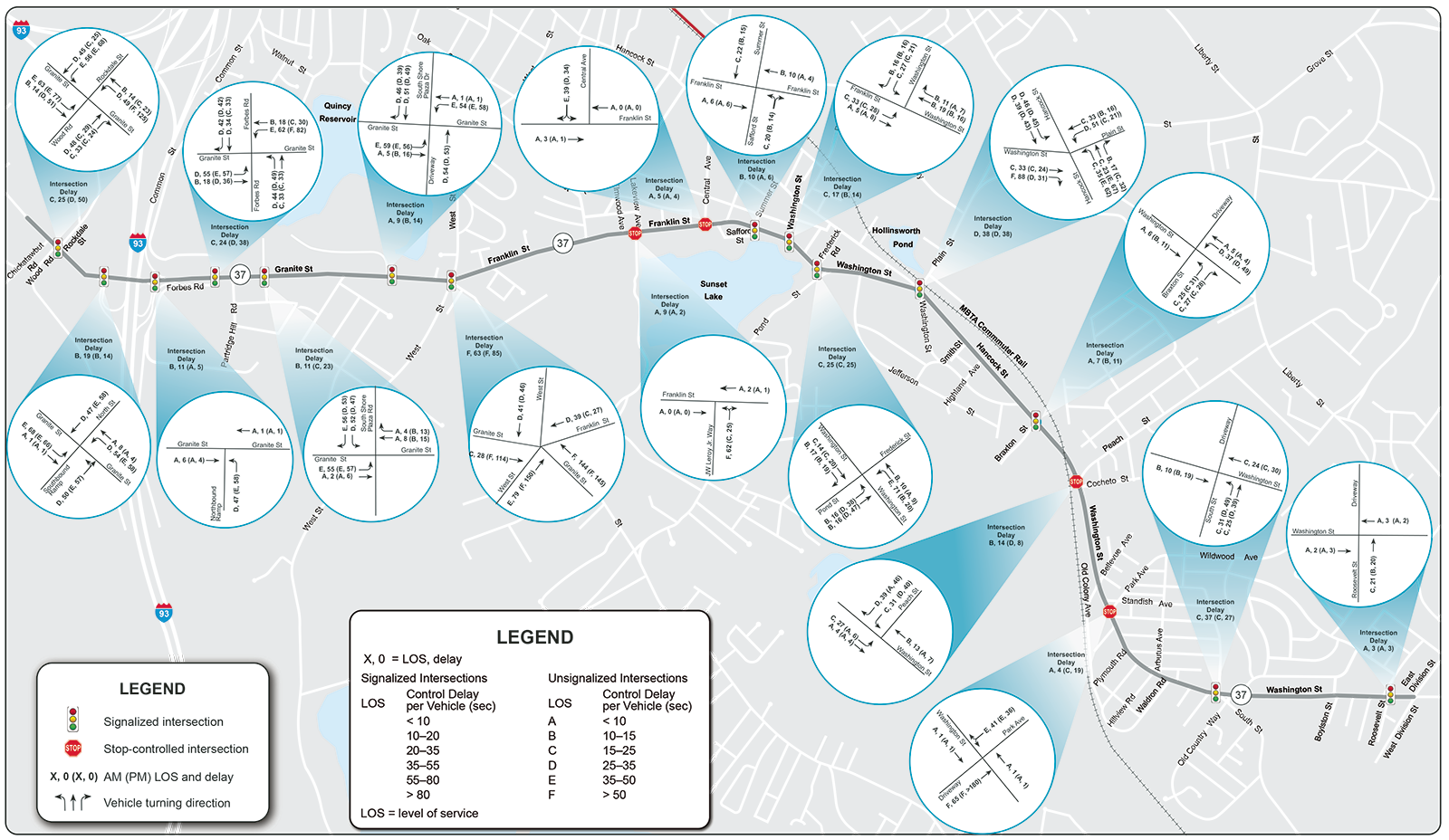 Figure 26 shows the weekday peak-hour LOS and delays for the 2035 No-Build conditions.